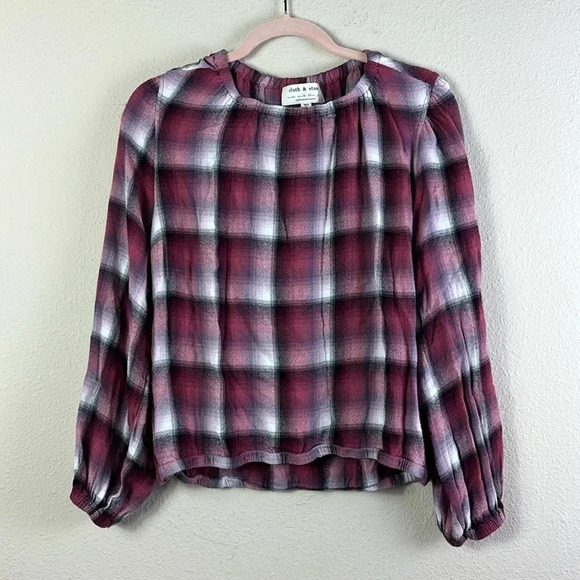 Cloth & Stone Anthropologie Glacier Plaid Elastic Cuff Blouse Raspberry Pink M - Picture 2 of 12